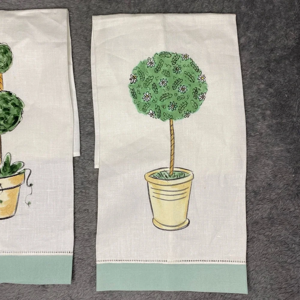 Vintage LIZ WAIN Hand Towels 100% Linen Floral Hand Painted Hemstitch Lot of 3